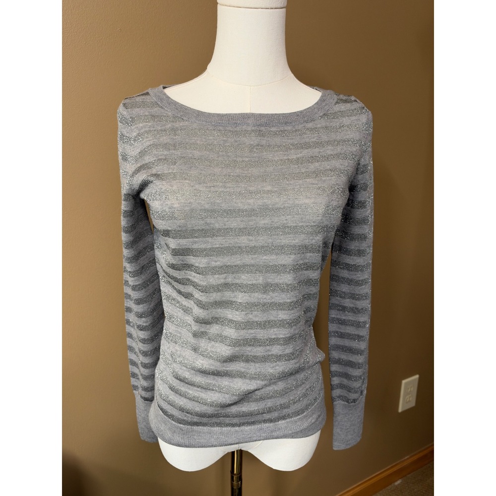 Talbots Pure Italian Merino Wool Metallic Stripe Sweater XS Gray Silver